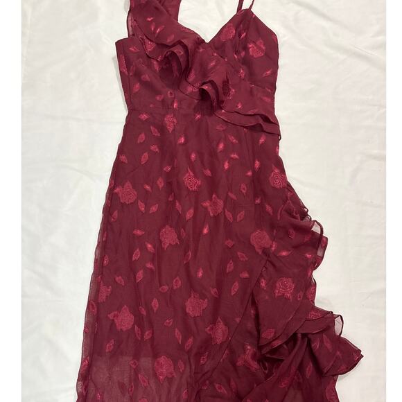 Lulus Womens XS Forever Be Burgundy Floral Jacquard Ruffles Maxi Dress Cocktail - Picture 5 of 11